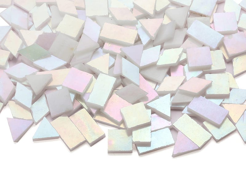 Lanyani Lanyani Glass Mosaic Tiles for Art Crafts,4 Shapes Mixed Tiffany Stained Glass Pieces,200 Pieces,Square/Rectangle/Diamond/Triangle,Iridescent White  - Image 2