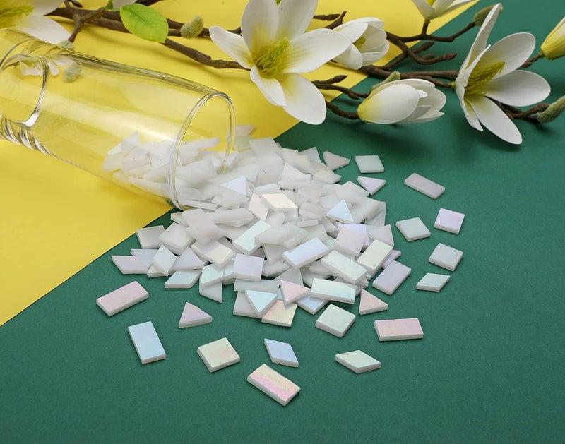 Lanyani Lanyani Glass Mosaic Tiles for Art Crafts,4 Shapes Mixed Tiffany Stained Glass Pieces,200 Pieces,Square/Rectangle/Diamond/Triangle,Iridescent White  - Image 4