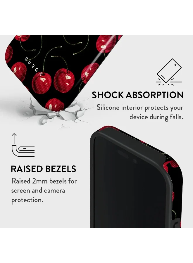 BURGA iPhone 16 pro Case, 2 Piece Hard Shell + TPU Silicone Interior, Shock Absorption, All Port Accessible, Raised Bezel For Screen & Camera Protection, Never Fading HQ Print,Cherry
