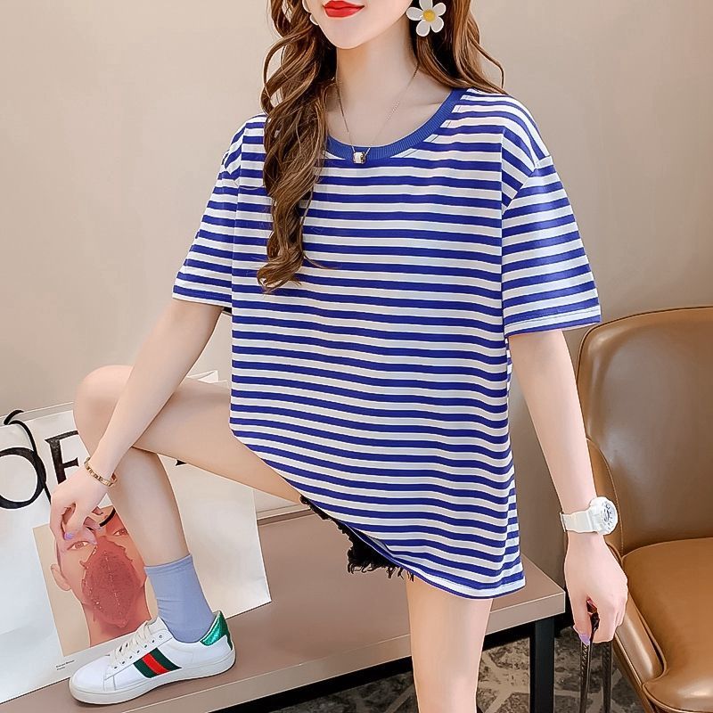 FaT mm CoTTon Blue and WhiTe STripesd Sea Soul ShirT ShorT-sleeved T-shirT for Women 2024 Summer Korean STyle Loose Slimming Look Belly-covering Top - Image 2