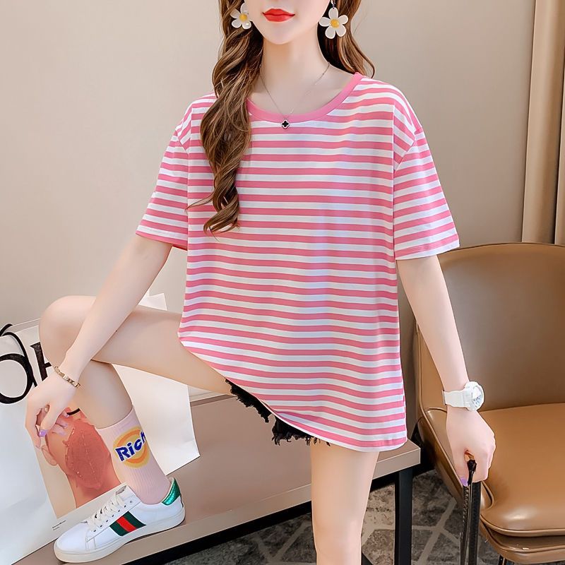 FaT mm CoTTon Blue and WhiTe STripesd Sea Soul ShirT ShorT-sleeved T-shirT for Women 2024 Summer Korean STyle Loose Slimming Look Belly-covering Top - Image 5