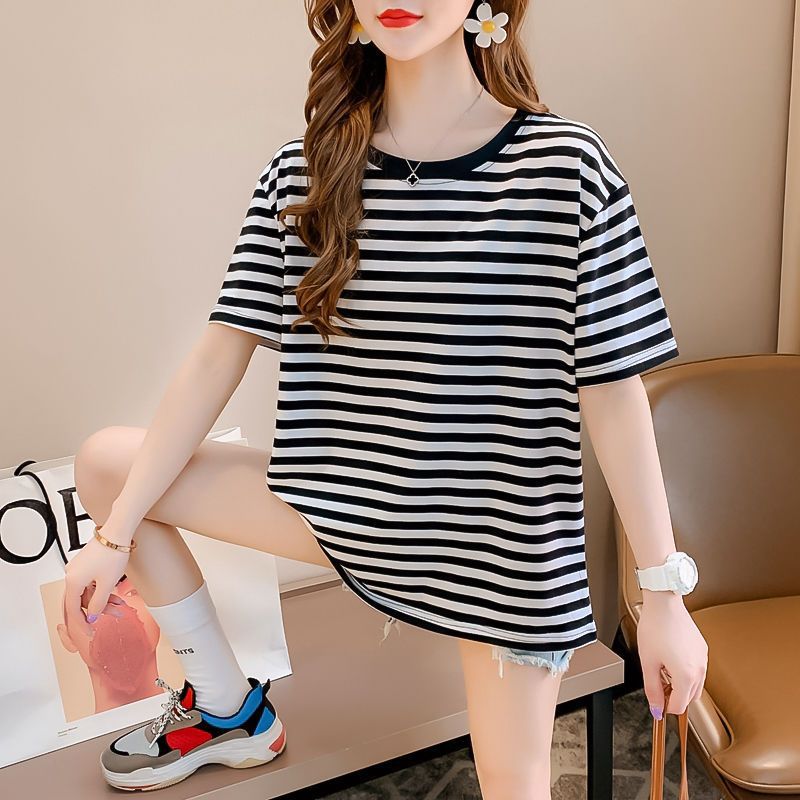 FaT mm CoTTon Blue and WhiTe STripesd Sea Soul ShirT ShorT-sleeved T-shirT for Women 2024 Summer Korean STyle Loose Slimming Look Belly-covering Top - Image 4