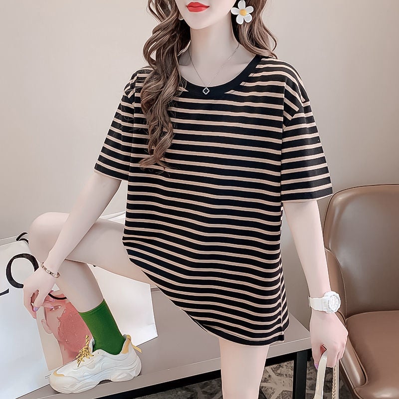 FaT mm CoTTon Blue and WhiTe STripesd Sea Soul ShirT ShorT-sleeved T-shirT for Women 2024 Summer Korean STyle Loose Slimming Look Belly-covering Top - Image 3