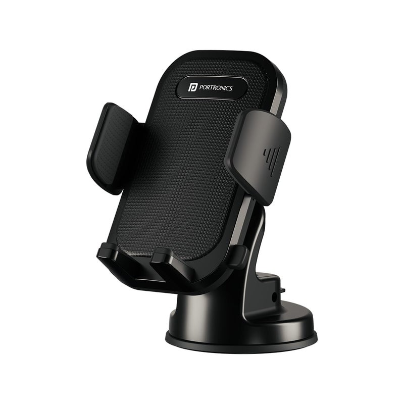 Portronics Clamp M4 Car Phone Holder Stand with 360 Degree Rotation, Strong Grip, Suction Cup Mount, Single Hand Use, Shockproof Build, Mobile Stand for Car (Black) - Image 1