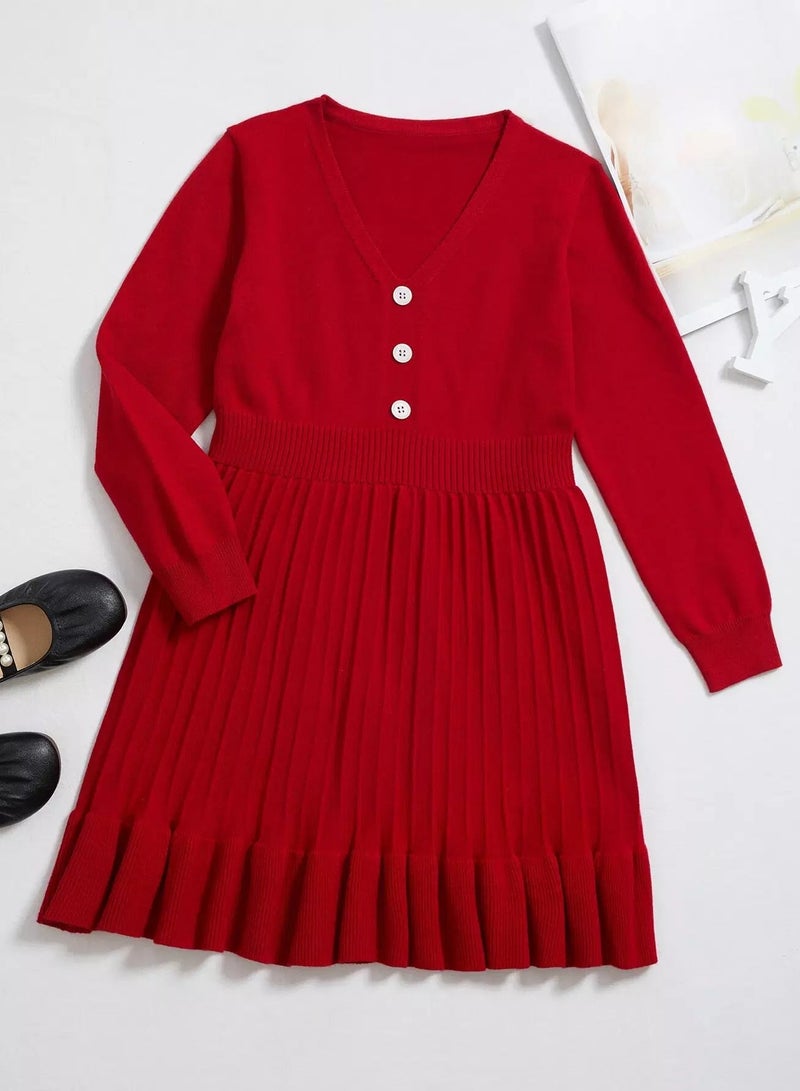 Girls Button Detail Pleated Ruffle Hem Sweater Dress - Image 1