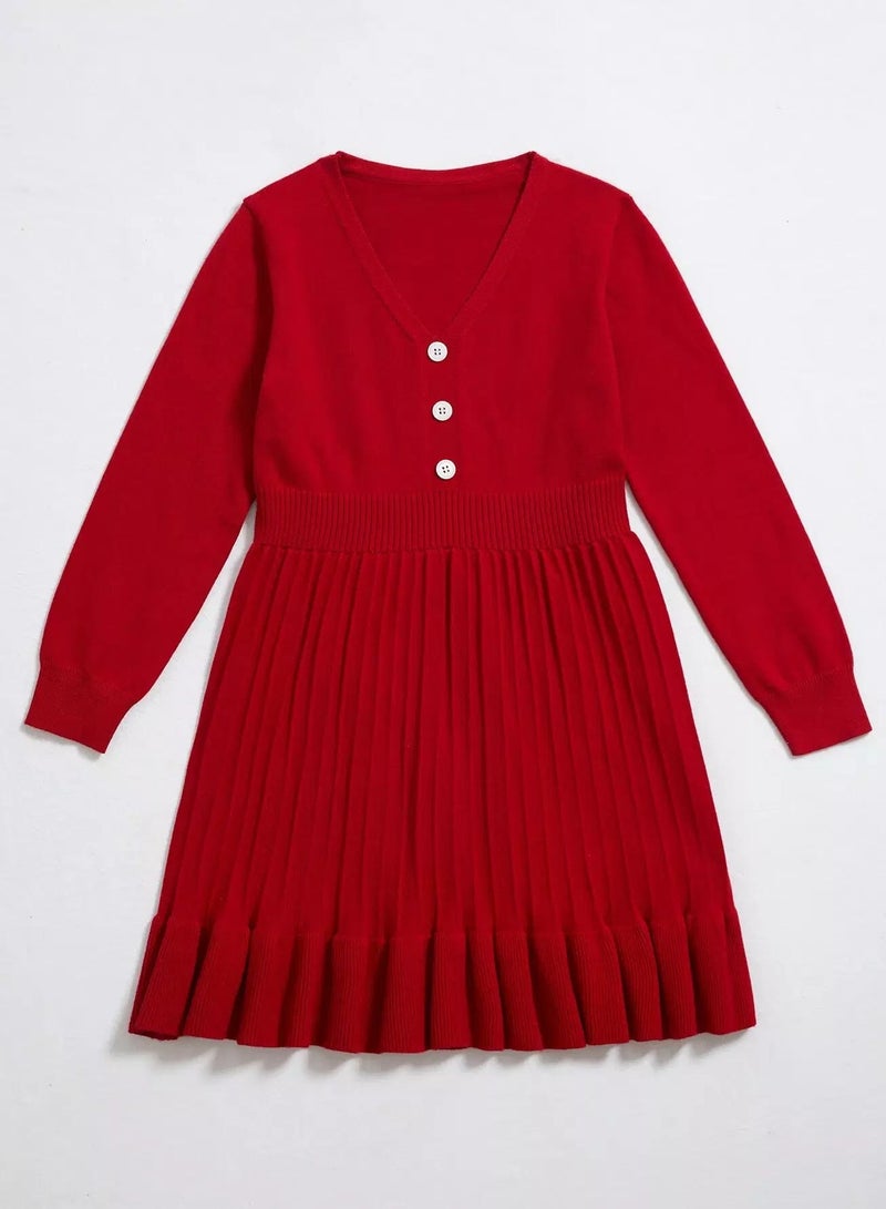 Girls Button Detail Pleated Ruffle Hem Sweater Dress - Image 5