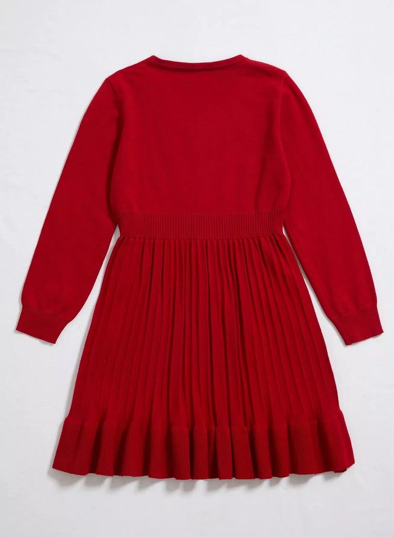 Girls Button Detail Pleated Ruffle Hem Sweater Dress - Image 2