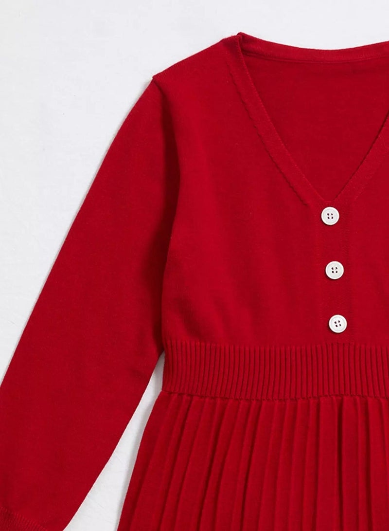 Girls Button Detail Pleated Ruffle Hem Sweater Dress - Image 4