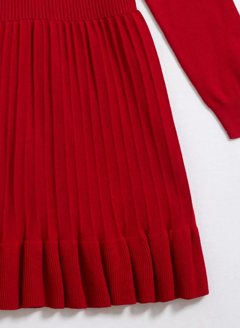 Girls Button Detail Pleated Ruffle Hem Sweater Dress - Image 3