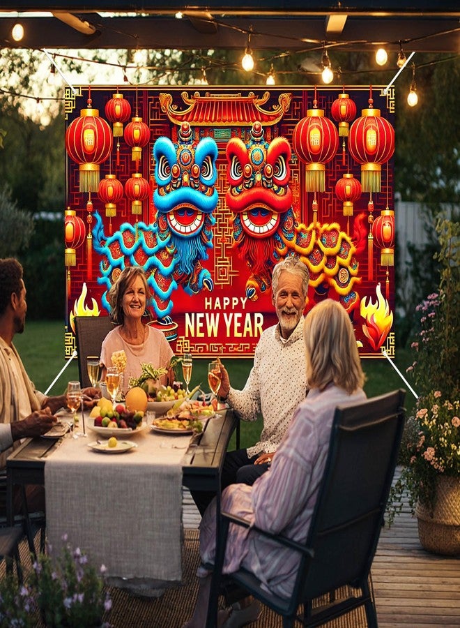 BlissYard Chinese New Year Banner 71X43 Happy New Years Backdrop Lion Dance and Lantern Photography Background Photo Props Decorations Happy New Year Banner 2025 for New Years Eve Party Supplies - Image 2