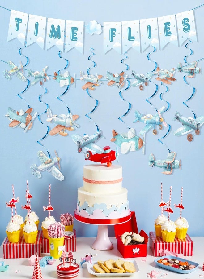 TagreSpike Airplane Party Decorations Time Flies Vintage Airplane Banner Airplane Hanging Swirls Airplane 1st Birthday Party Supplies Time Flies Party Decor for Airplane Theme Party Baby Shower Birthday Party - Image 2