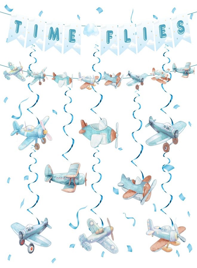 TagreSpike Airplane Party Decorations Time Flies Vintage Airplane Banner Airplane Hanging Swirls Airplane 1st Birthday Party Supplies Time Flies Party Decor for Airplane Theme Party Baby Shower Birthday Party - Image 1