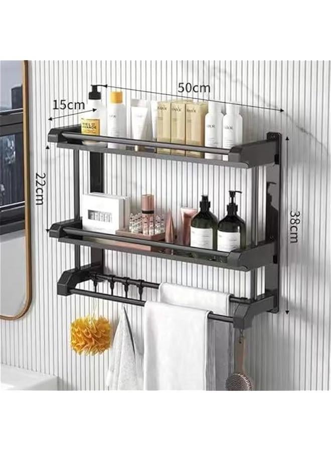 HOOKOR Bathroom Shelf with Towel Bars, Wall Mounted Bathroom Shelf, Shower Storage Rack with Hooks, Storage Organizer Shelf for Bathroom,Kitchen (2 layer) - Image 3