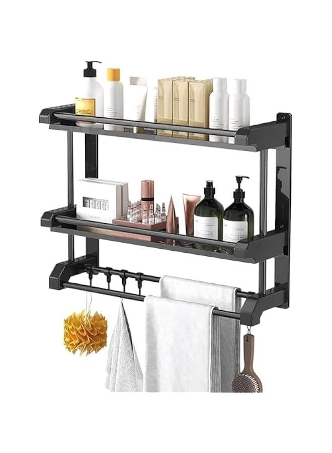 HOOKOR Bathroom Shelf with Towel Bars, Wall Mounted Bathroom Shelf, Shower Storage Rack with Hooks, Storage Organizer Shelf for Bathroom,Kitchen (2 layer) - Image 4