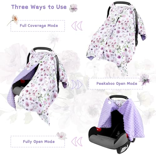 GFU Baby Car Seat Cover, Soft Minky Warm Winter Car Seat Canopy for Infants & Toddlers, Opening with Adjustable Strap, Breathable Nursing Cover & Stroller Blanket, Purple Flowers (Fits Most Car Seats) - Image 4
