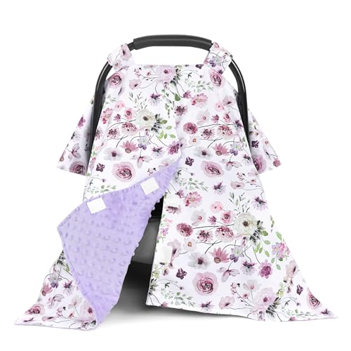 GFU Baby Car Seat Cover, Soft Minky Warm Winter Car Seat Canopy for Infants & Toddlers, Opening with Adjustable Strap, Breathable Nursing Cover & Stroller Blanket, Purple Flowers (Fits Most Car Seats) - Image 1