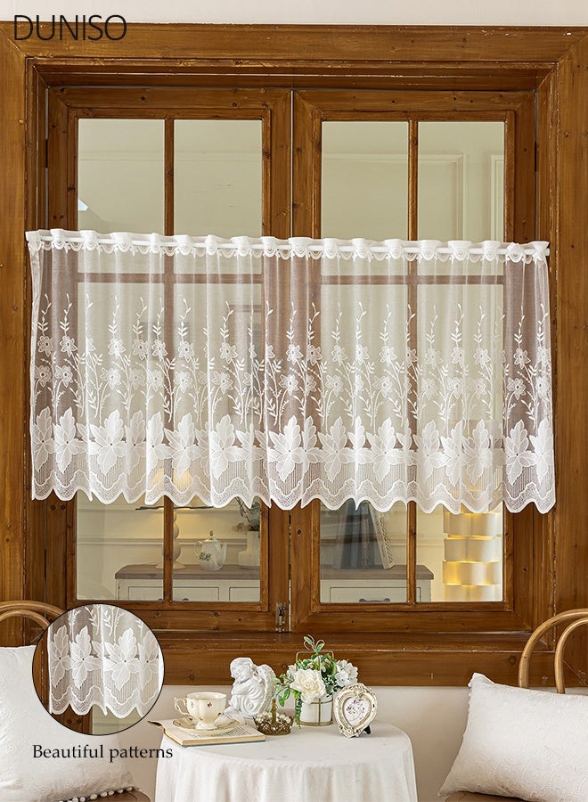 DUNISO Floral Embroidered Lace Sheer Valance Curtain, White Semi-Sheer Rod Pocket Short Cafe Curtain with Scalloped Trim, Window Treatment for Kitchen, Bathroom, Living Room - Image 1