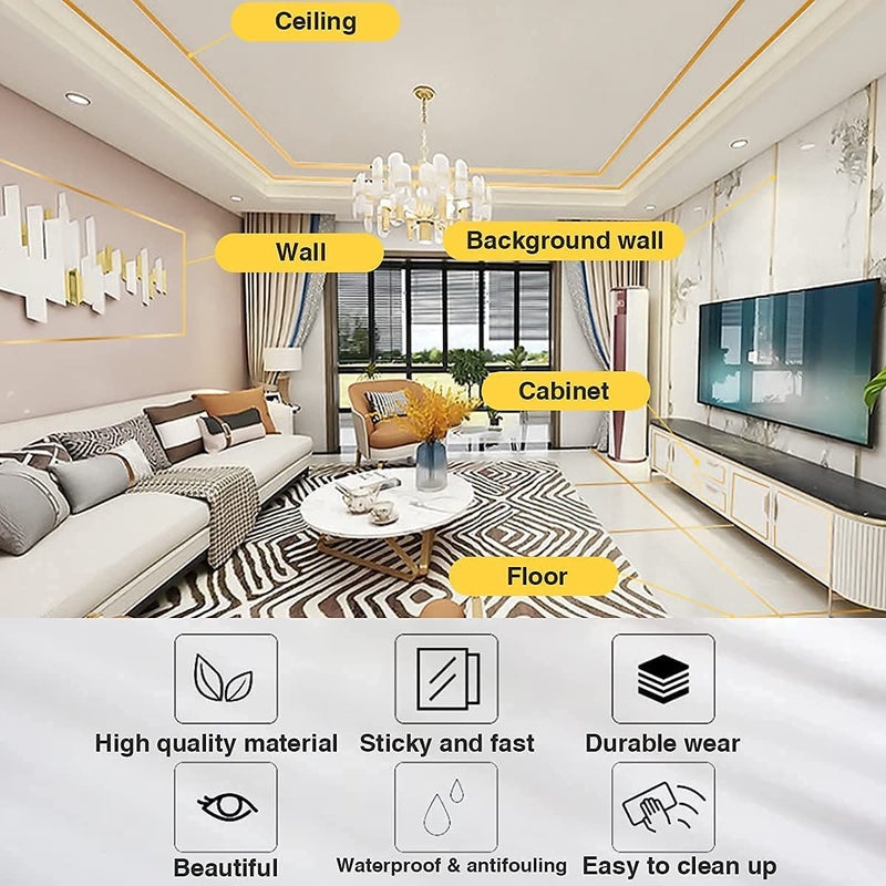SKYZONE EXPORT Tile Gap Foil Line Tape SelfAdhesive Tile Seam Sticker Waterproof Gap Sealing Foil Decor Tape for Wall Cabinet Bedroom Living Room Kitchen 05CM 50M Golden  - Image 4