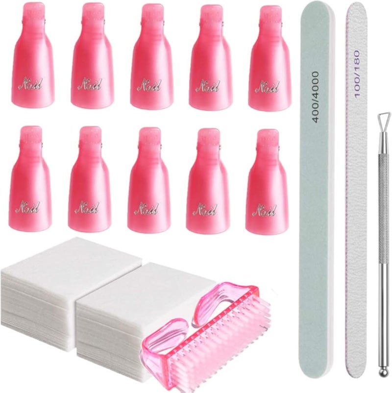 مجموعة أدوات إزالة طلاء الأظافر الجل، تتضمن 10 قطع من مشابك الأظافر البلاستيكية، وقطعة قطن لتنظيف الأظافر، ومبرد أظافر، وفرشاة أظافر، وأداة دفع وتقشير الجلد الميت، وهي من إكسسوارات فن تزيين الأظافر النسائية.