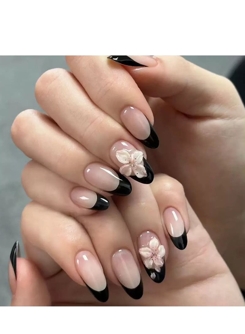 جوسكوين أظافر للضغط، 24 قطعة، أظافر فرنسية قصيرة سوداء بسيطة قابلة للارتداء: تتميز بزخارف زهور ثلاثية الأبعاد لمانيكير أنيق وعصري، أظافر أكريليك مع مجموعة غراء. - Image 1
