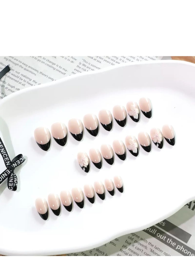جوسكوين أظافر للضغط، 24 قطعة، أظافر فرنسية قصيرة سوداء بسيطة قابلة للارتداء: تتميز بزخارف زهور ثلاثية الأبعاد لمانيكير أنيق وعصري، أظافر أكريليك مع مجموعة غراء. - Image 2