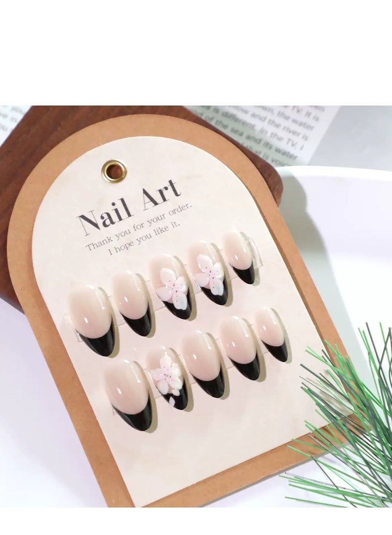 جوسكوين أظافر للضغط، 24 قطعة، أظافر فرنسية قصيرة سوداء بسيطة قابلة للارتداء: تتميز بزخارف زهور ثلاثية الأبعاد لمانيكير أنيق وعصري، أظافر أكريليك مع مجموعة غراء. - Image 3