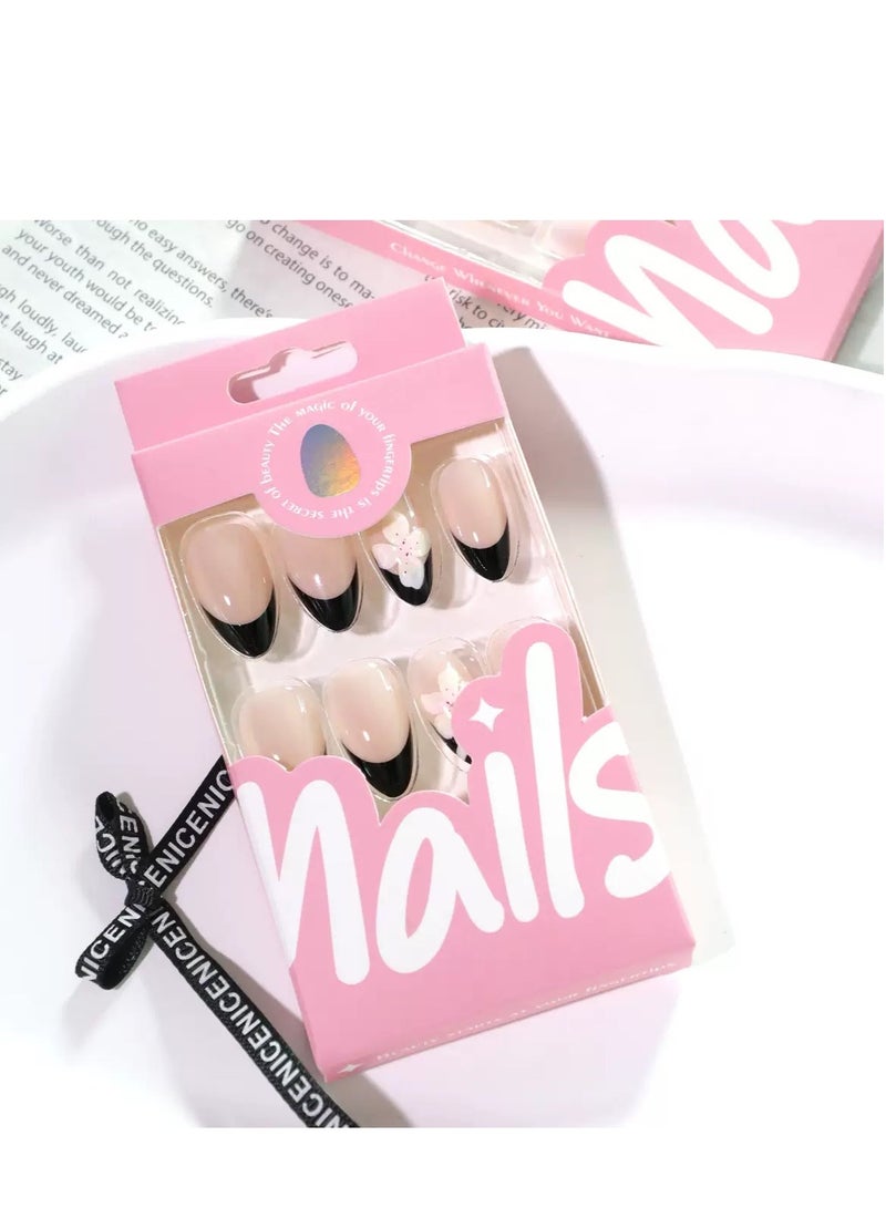 جوسكوين أظافر للضغط، 24 قطعة، أظافر فرنسية قصيرة سوداء بسيطة قابلة للارتداء: تتميز بزخارف زهور ثلاثية الأبعاد لمانيكير أنيق وعصري، أظافر أكريليك مع مجموعة غراء. - Image 5