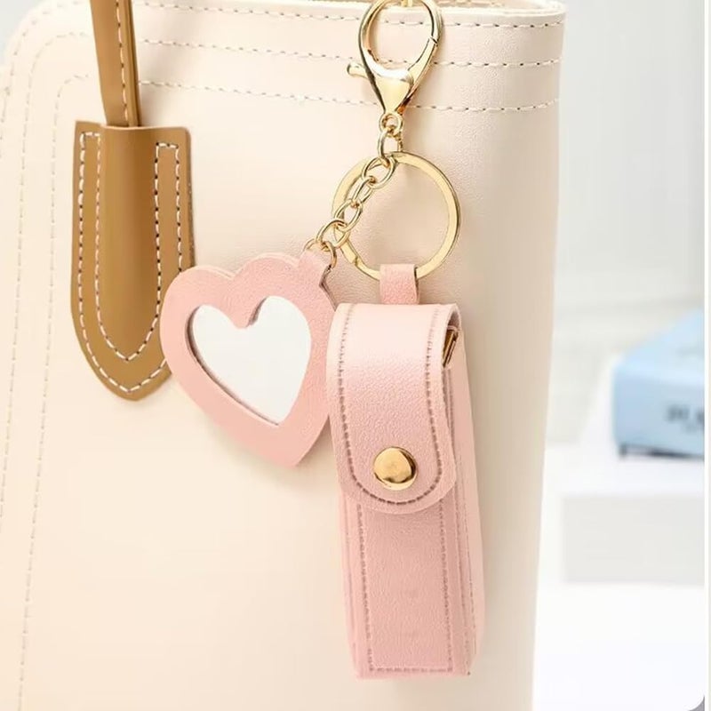 FASHION MANIA 1PCS PU Leather Potable Chapstick Holder Key Chain Bulk with Mirror, Lipstick Keychain, Lip Balm Organizer Holder Lipstick Travel Makeup Storage Case (pink) - Image 4