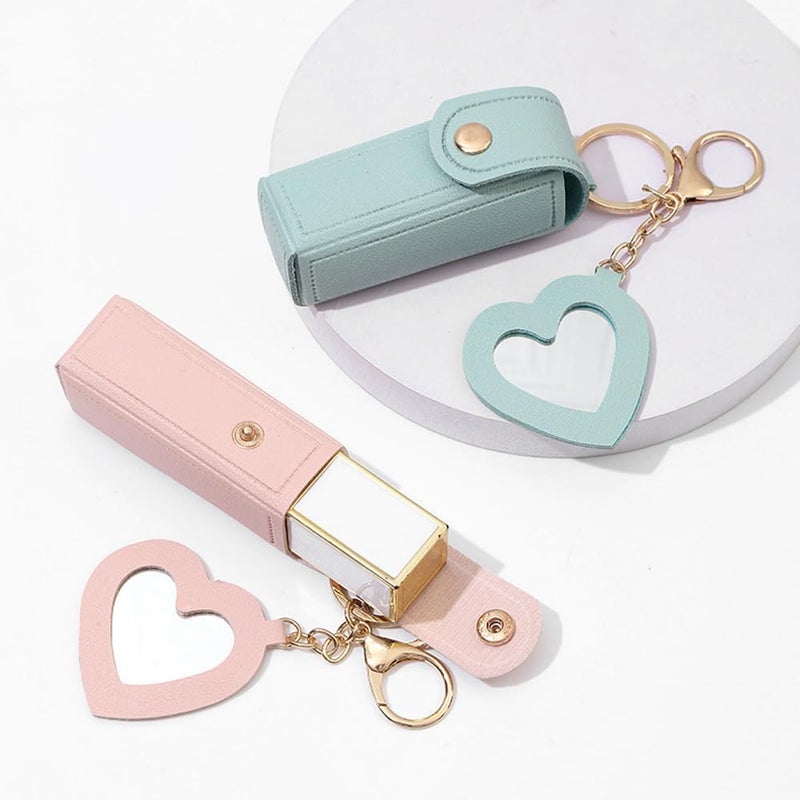 FASHION MANIA 1PCS PU Leather Potable Chapstick Holder Key Chain Bulk with Mirror, Lipstick Keychain, Lip Balm Organizer Holder Lipstick Travel Makeup Storage Case (pink) - Image 3