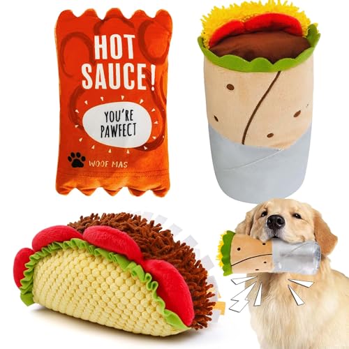Prime Pets Plush Dog Toys Set, 3 Pack, Crinkle Squeaky Dog Toys, Food Shaped Pet Toy for Small Medium Large Dogs, Stuffed Puppy Chew Toy - Image 1