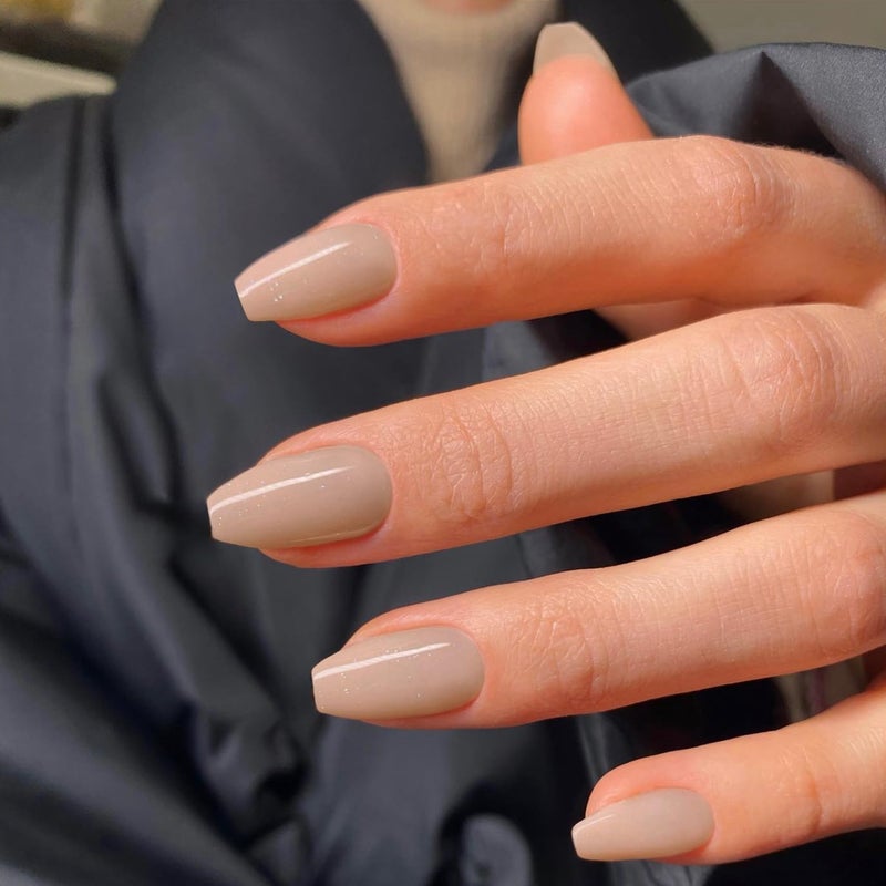 XCREANDO Beige Short Coffin Press on Nails Medium Coffin Nails Press ons, Glue on Nails Short Fake Nails for Women, Ballerina T Shape Acrylic False Nails Medium Square Natural Handmade Gel Nails - Image 2