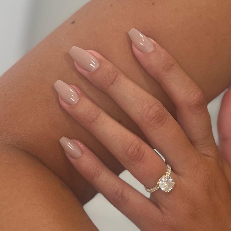 XCREANDO Beige Short Coffin Press on Nails Medium Coffin Nails Press ons, Glue on Nails Short Fake Nails for Women, Ballerina T Shape Acrylic False Nails Medium Square Natural Handmade Gel Nails - Image 1