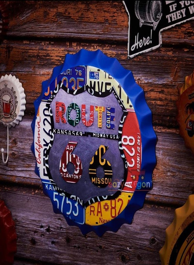 EAZYWAGON Decorative Metal Bottle Caps Wall Sign Plates - 14X14 Inches - Route 66 Design| Metal Sign Wall Hanging Bottle Cap for Home, Bar & Cafe Decoration | Retro & Vintage Scratch Look Wall Plaques - Image 3