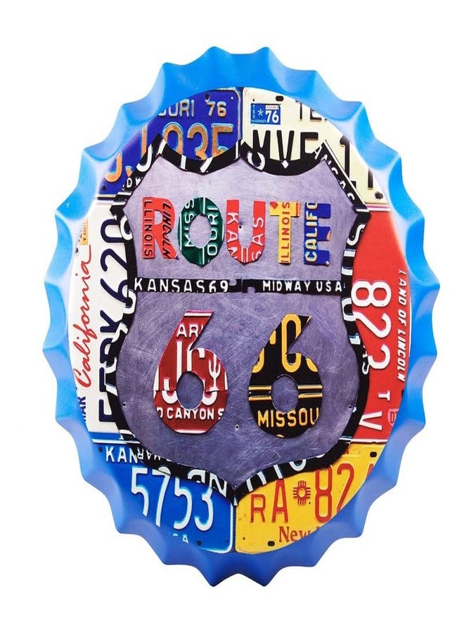 EAZYWAGON Decorative Metal Bottle Caps Wall Sign Plates - 14X14 Inches - Route 66 Design| Metal Sign Wall Hanging Bottle Cap for Home, Bar & Cafe Decoration | Retro & Vintage Scratch Look Wall Plaques - Image 1