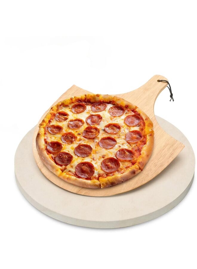 حجر بيتزا دائري للخبز والشواء في الفرن مع قشرة خشبية | حجر طهي كورديريت متين، كبير جدًا، قطره ١٥ بوصة (٣٨ سم) - Image 1