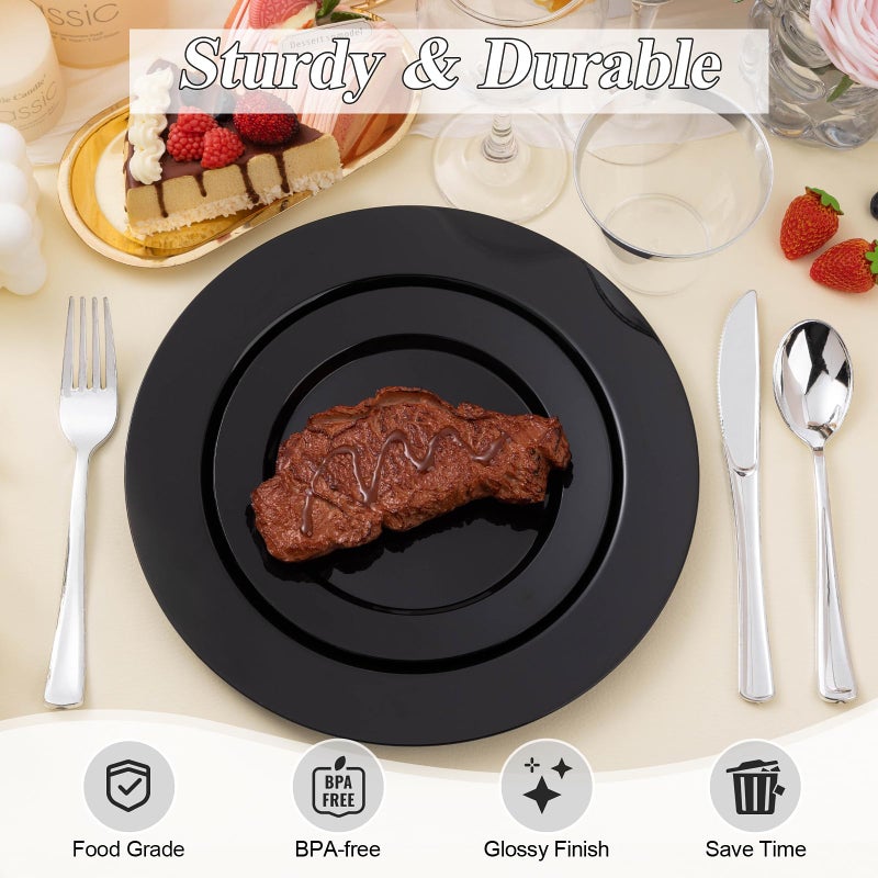 BESTSTAR 200PCS Black Plastic Plates Set, 100 10.25 inch Dinner Plates and 100 7.5 inch Dessert Plates, Premium Disposable Plates for Party, Wedding - Image 4