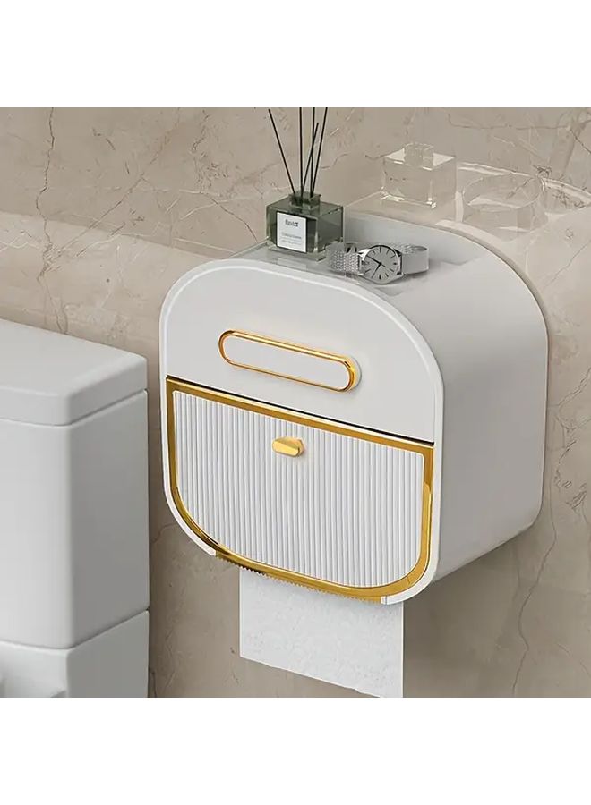 White And Golden Bathroom Tissue Holder With Drawer No-Drill Wall Mounted Organizer - Image 1