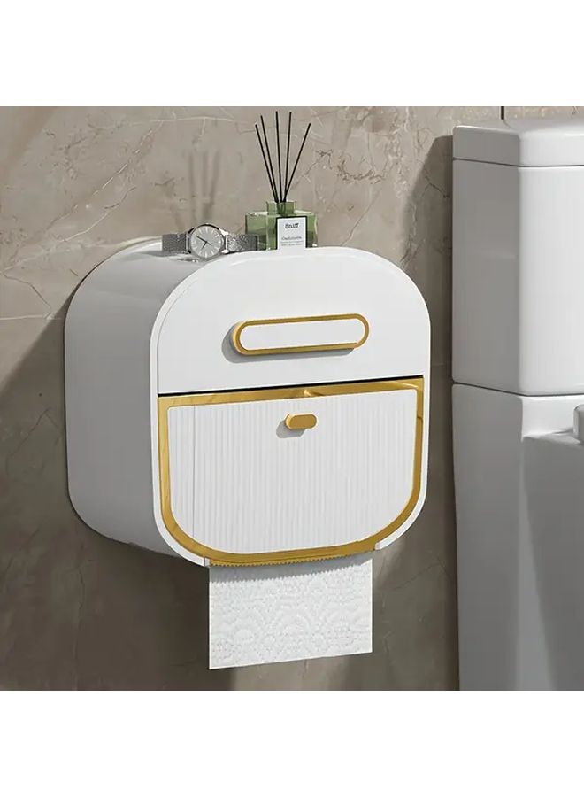 White And Golden Bathroom Tissue Holder With Drawer No-Drill Wall Mounted Organizer - Image 2