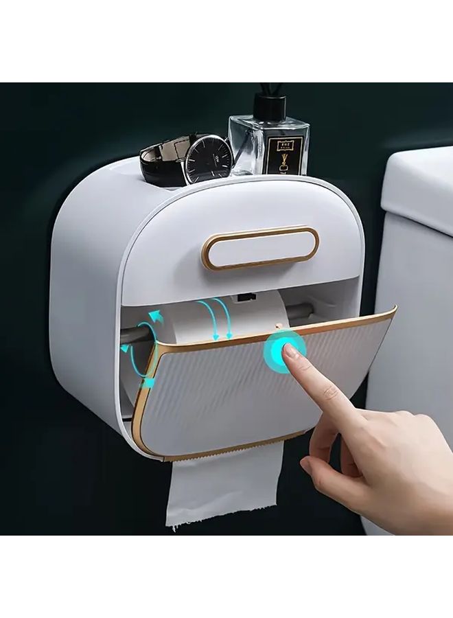 White And Golden Bathroom Tissue Holder With Drawer No-Drill Wall Mounted Organizer - Image 4