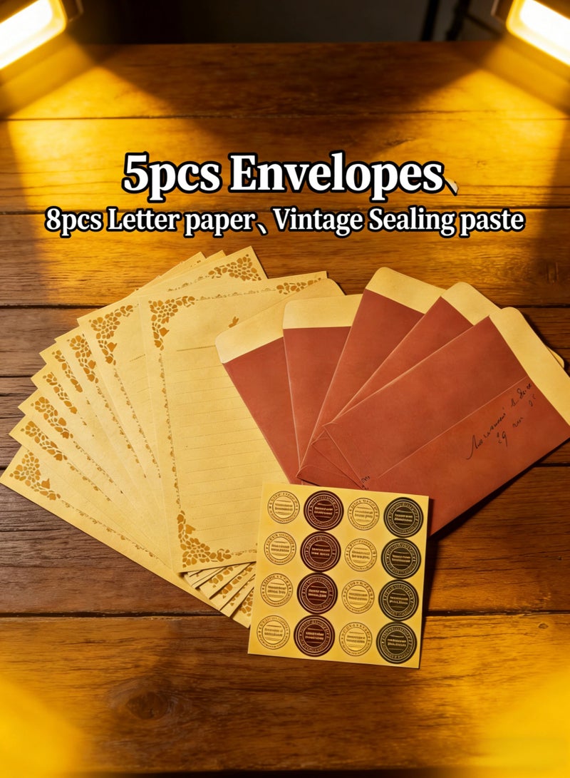 Fuwddy 5 Pcs Brown Kraft Paper Envelopes with Matching Notepaper & Wax Seal Stickers, Vintage Rustic Stationery Set for DIY Invitations, Letters, Crafts - Image 1
