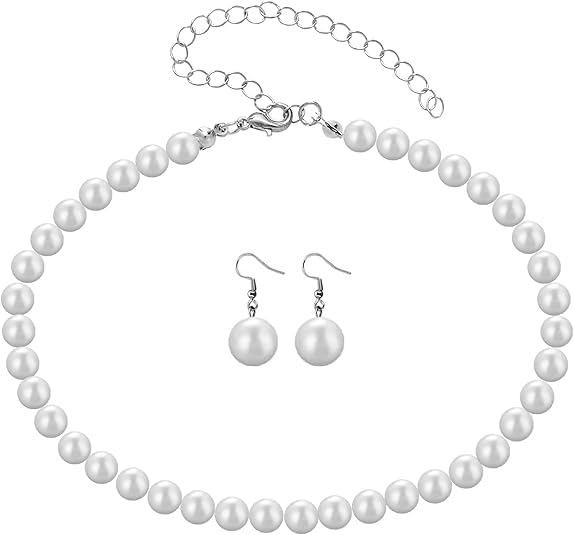 NEOBABY Elegant 10mm Faux Pearl Necklace with Earrings for Bridal | Formal | Wedding & Office Event Jewelry Set for Girls & Women's - Image 1