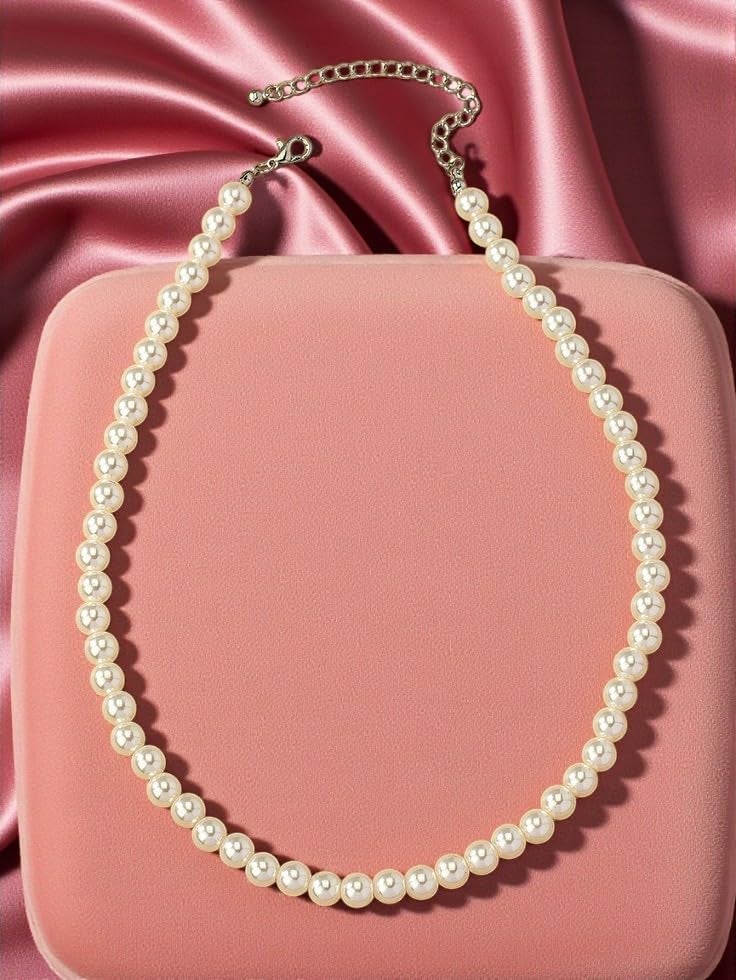 NEOBABY Elegant 10mm Faux Pearl Necklace with Earrings for Bridal | Formal | Wedding & Office Event Jewelry Set for Girls & Women's - Image 4