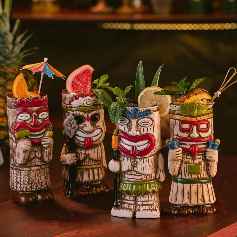 SUN GKOTTA Cocktail Tiki Mugs Set Of 4  Exotic Frosted Mug With 4 pack Straws And CoastersCute Ceramic Cocktail Glasses For Hawaiian Style PartyTropical Cocktails Drinkware For Tiki Bar - Image 4