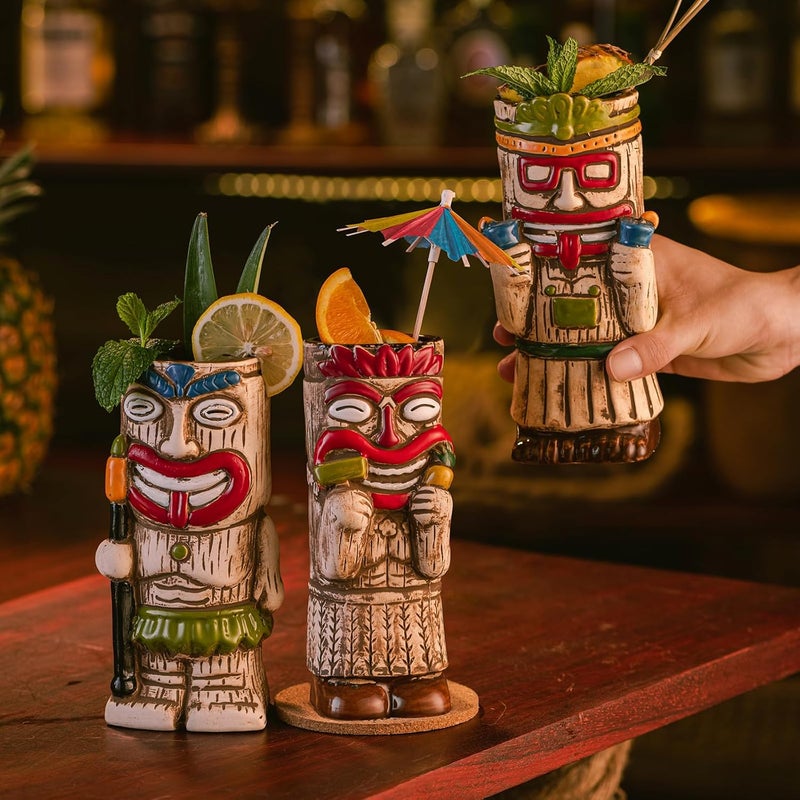 SUN GKOTTA Cocktail Tiki Mugs Set Of 4  Exotic Frosted Mug With 4 pack Straws And CoastersCute Ceramic Cocktail Glasses For Hawaiian Style PartyTropical Cocktails Drinkware For Tiki Bar - Image 3