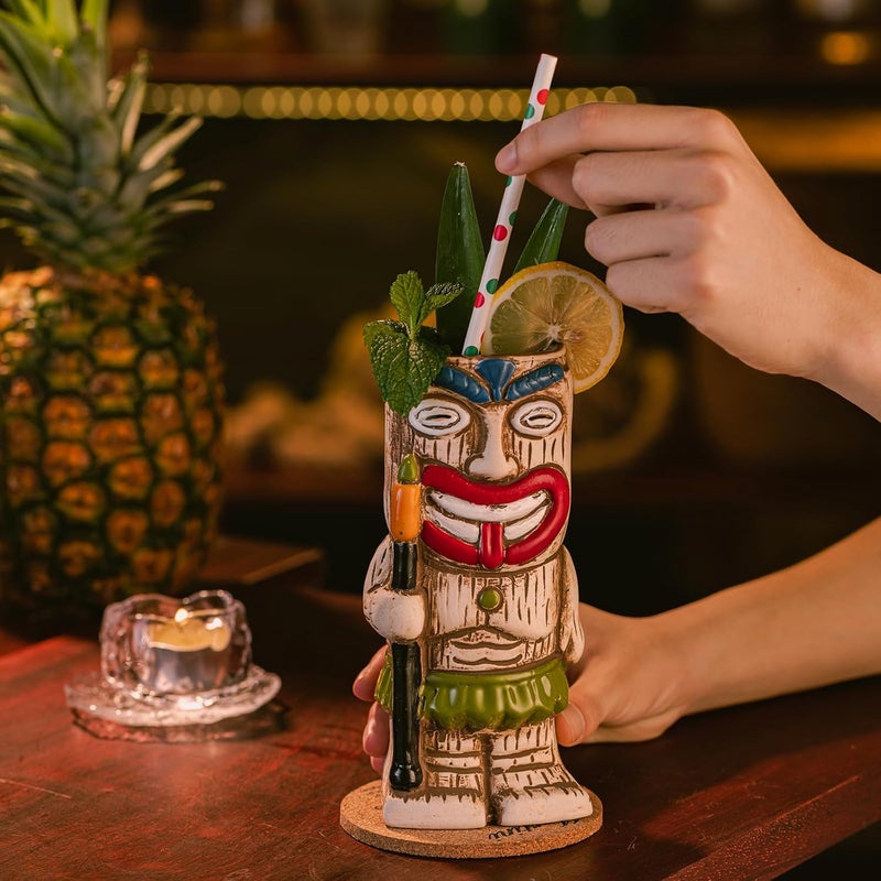 SUN GKOTTA Cocktail Tiki Mugs Set Of 4  Exotic Frosted Mug With 4 pack Straws And CoastersCute Ceramic Cocktail Glasses For Hawaiian Style PartyTropical Cocktails Drinkware For Tiki Bar - Image 5