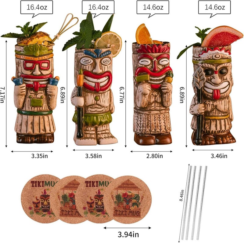 SUN GKOTTA Cocktail Tiki Mugs Set Of 4  Exotic Frosted Mug With 4 pack Straws And CoastersCute Ceramic Cocktail Glasses For Hawaiian Style PartyTropical Cocktails Drinkware For Tiki Bar - Image 2