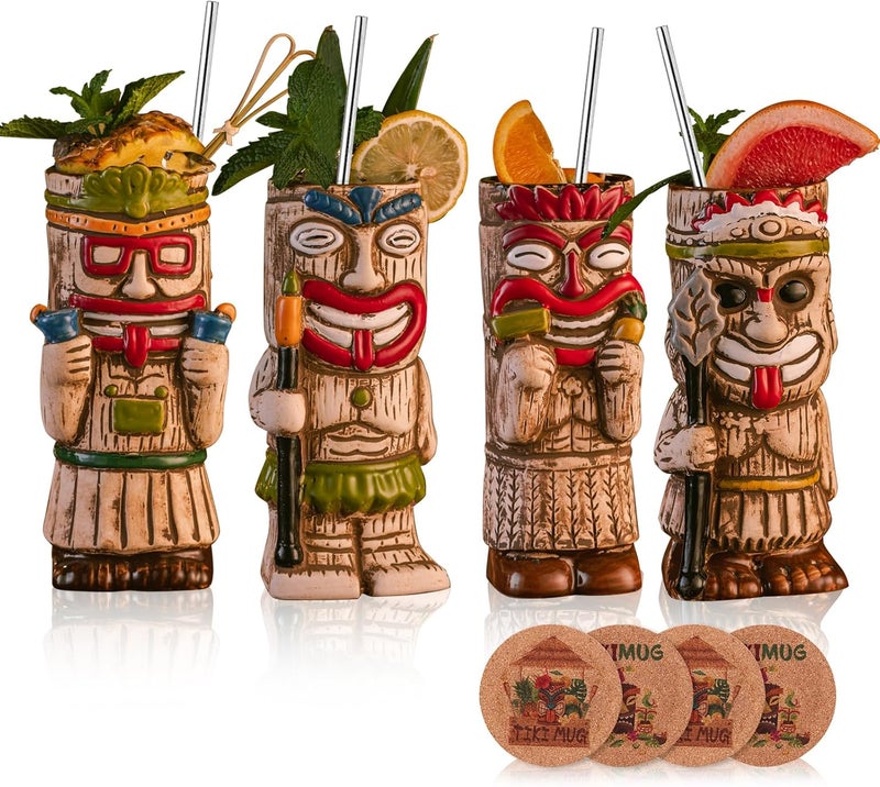 SUN GKOTTA Cocktail Tiki Mugs Set Of 4  Exotic Frosted Mug With 4 pack Straws And CoastersCute Ceramic Cocktail Glasses For Hawaiian Style PartyTropical Cocktails Drinkware For Tiki Bar - Image 1