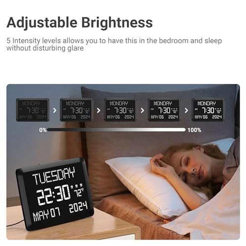 Mesqool 11.5” Digital Wall Clock with Date,Time,Week,Indoor Temperature,3 Alarms,5 Dimmer,2 USB Chargers,Battery Backup,Snooze,12/24H for Elderly,Parents,Impaired Vision,Dementia,Memory Loss,Office,Bedroom - Image 4