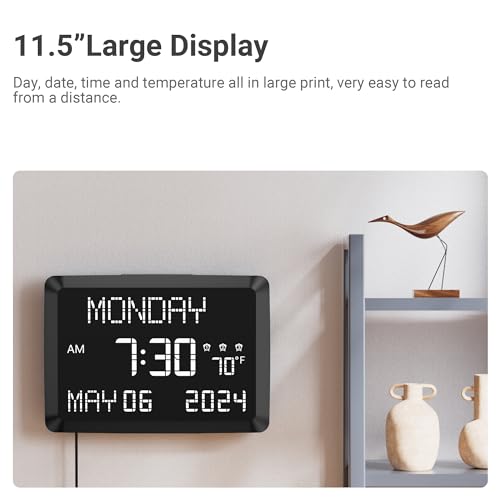 Mesqool 11.5” Digital Wall Clock with Date,Time,Week,Indoor Temperature,3 Alarms,5 Dimmer,2 USB Chargers,Battery Backup,Snooze,12/24H for Elderly,Parents,Impaired Vision,Dementia,Memory Loss,Office,Bedroom - Image 2