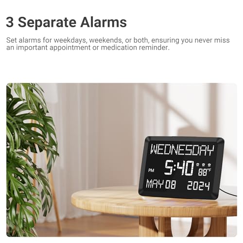 Mesqool 11.5” Digital Wall Clock with Date,Time,Week,Indoor Temperature,3 Alarms,5 Dimmer,2 USB Chargers,Battery Backup,Snooze,12/24H for Elderly,Parents,Impaired Vision,Dementia,Memory Loss,Office,Bedroom - Image 3